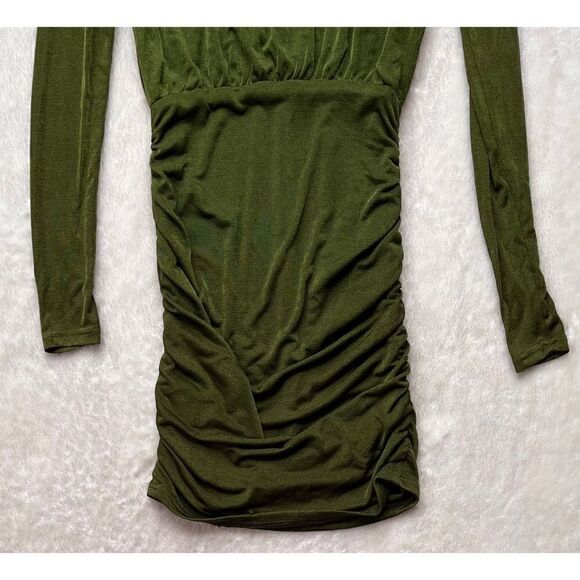NWT Showpo Kaitie Mini Deep V Open Front Ruched Dress in Khaki, Size 4 - Picture 16 of 16